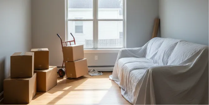 Haushaltsauflösung. Leeres Wohnzimmer mit Kartons