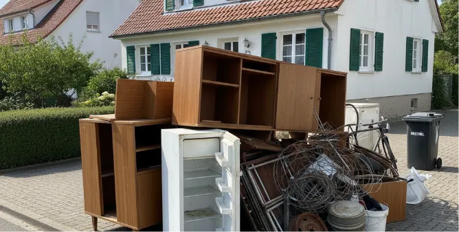 Sperrmüll und Altmetall stehen gesammelt vor einem Haus. Bereit zur Entrümpelung